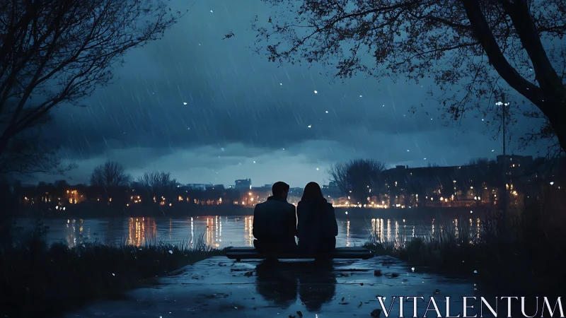 Two Figures Silhouetted Against Rainy Urban Waterfront at Dusk.