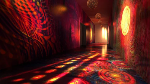 Glowing hallway celebrates swirling light, color, and shadow play