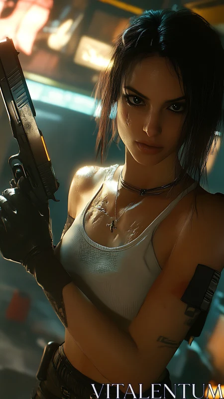 Cybernetic gunfighter in humid neon alley under hard rim lighting