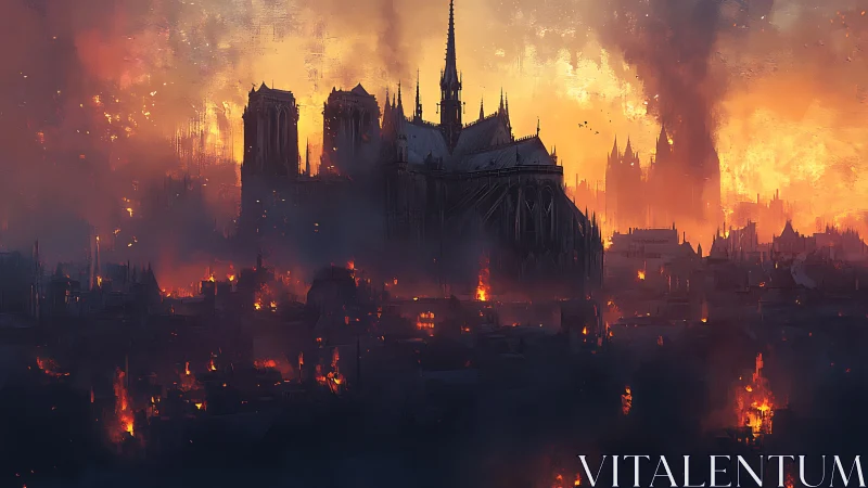 Medieval Cathedral Engulfed in Flames and Smoke