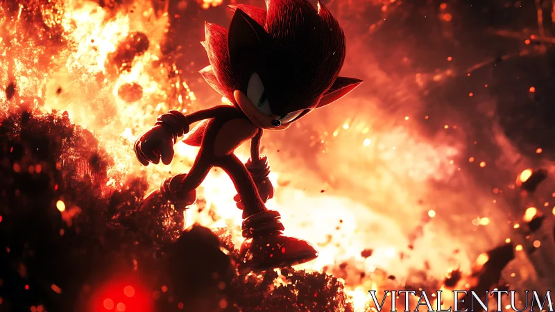 Red cartoon hedgehog figure in fiery volcanic landscape.