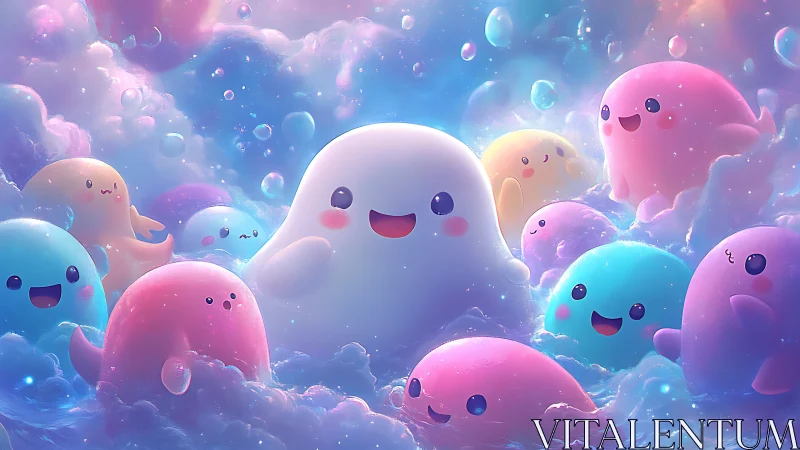 Pastel cloud blobs throw a bubbly party in candy skies