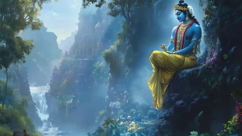 Divine blue figure meditating above misty temple valley.