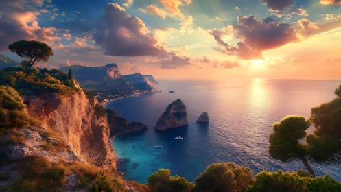 Mediterranean Coastal Cliffs at Golden Hour with Faraglioni Stacks