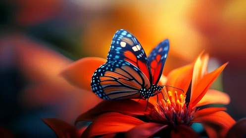 Luminous monarch butterfly sipping firelit petals at dusk.
