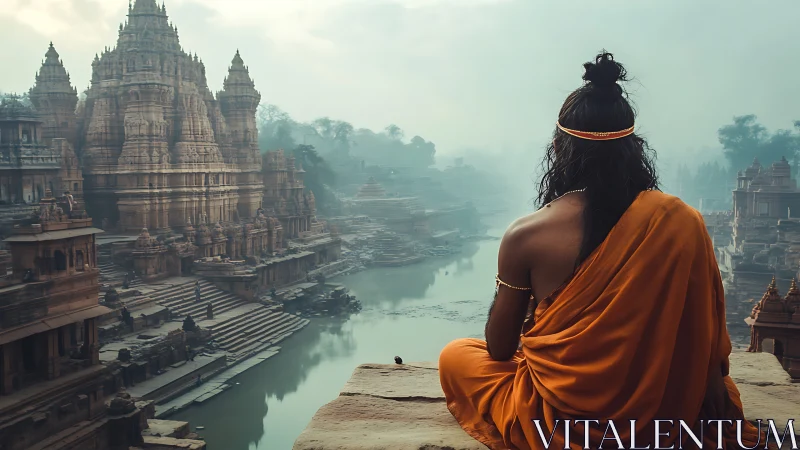 Serene sage in orange robes overlooking misty river temples.