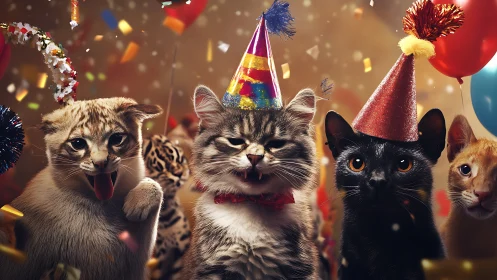Multi-species feline celebration ensemble with procedurally-rendered party props.