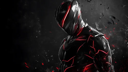 Armored humanoid figure with red illuminated exosuit profile.