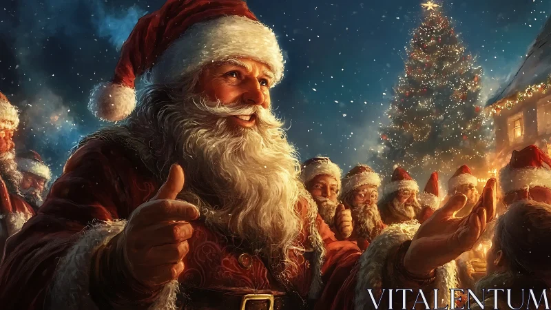 Santa Claus leads joyful Christmas gathering under starlit sky