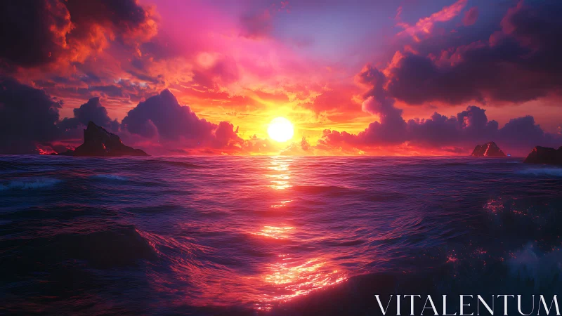 Radiant digital seascape shows neon sunset over open ocean
