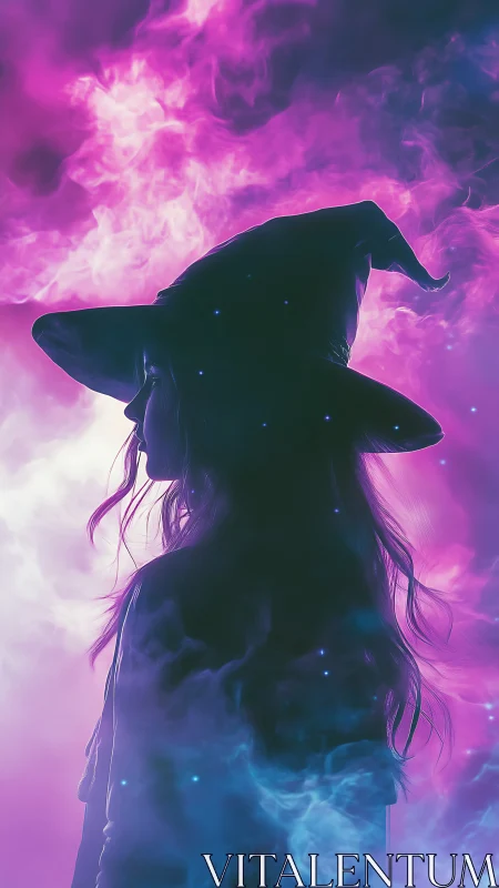 Midnight witch drifts through glowing pink and blue stardust