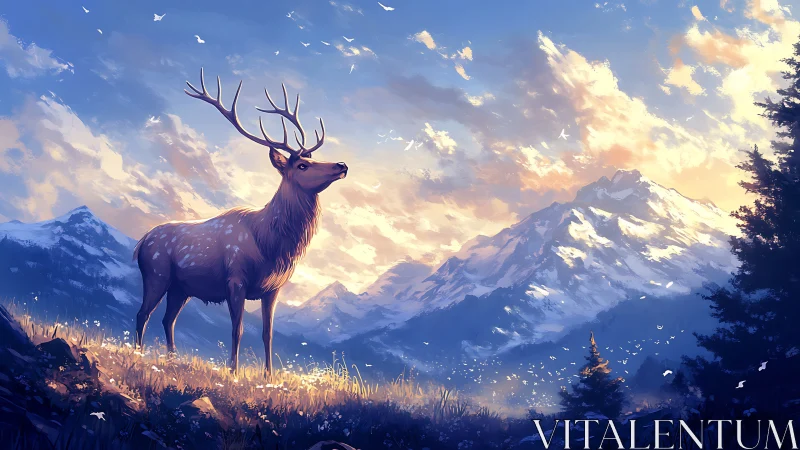 Majestic stag in sunlit mountain meadow, digital painting style.