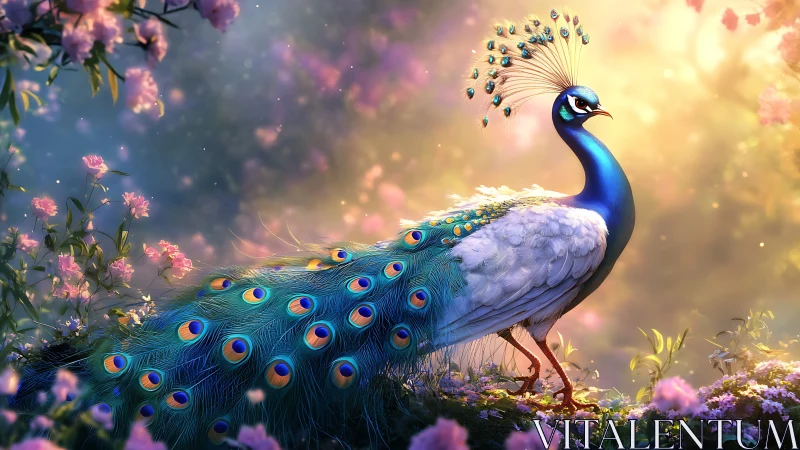 Radiant peacock strolls through a dreamy flower garden at dawn