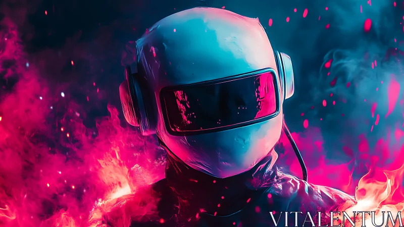 Futuristic helmeted figure emerges through neon magenta vapor