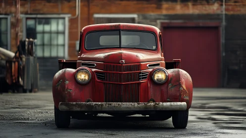 Rust-red vintage pickup truck under soft urban daylight.