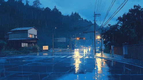 Rain-soaked rural intersection reflects sodium streetlights at dusk
