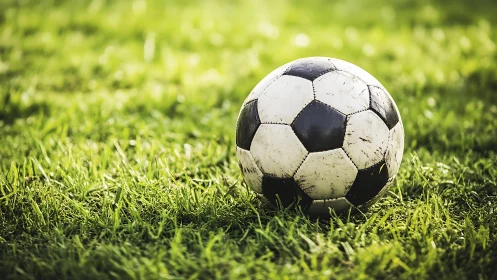 Weathered soccer ball on sunlit grass with shallow depth of field