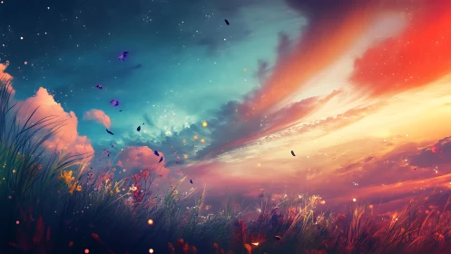 Twilight meadow ignites under a spell-struck cosmic sky.