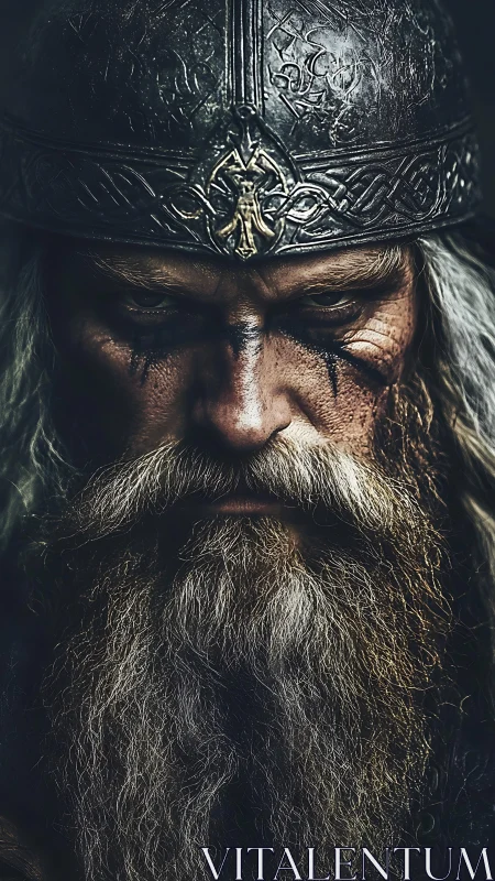 Weathered Viking warrior stares downward in solemn resolve