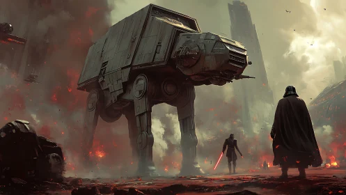 Imperial walker and cloaked figures in burning wasteland.