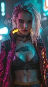 Cyberpunk street mercenary with neon jacket and implants