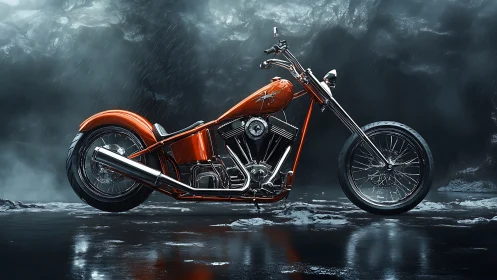 Custom orange chopper rendered in cinematic photoreal style
