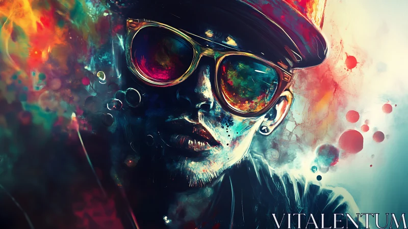 Portrait of person in sunglasses amid vivid abstract color flows