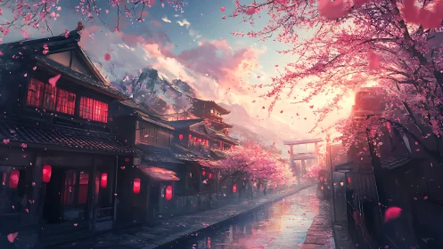 Cherry blossoms drift above lantern-lit riverside street at dusk