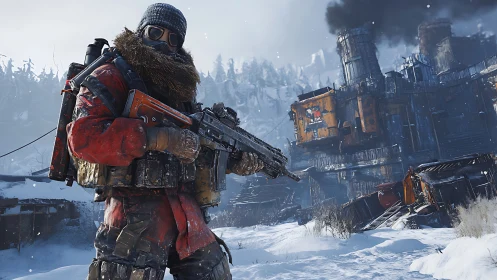 Armed figure in winter gear near industrial ruins in snowfield.
