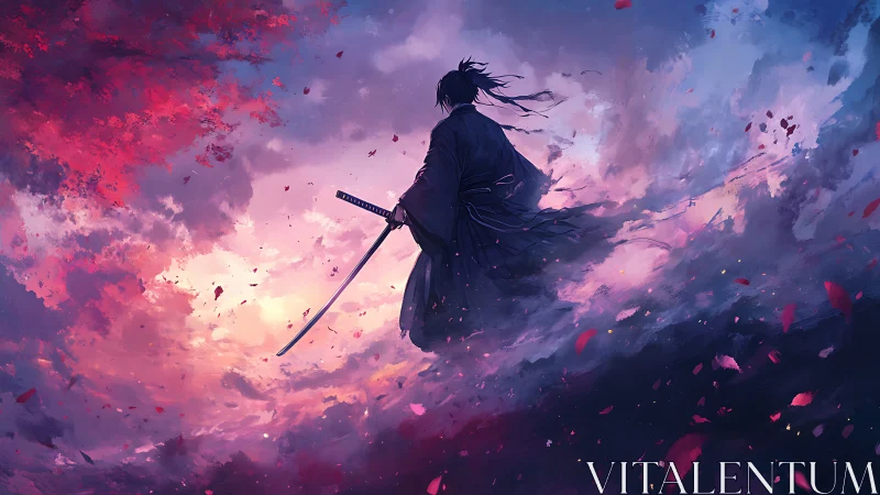 Lone samurai cuts through crimson stormlit twilight sky.
