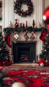 Symmetrical red and gold Christmas fireplace mantel decor