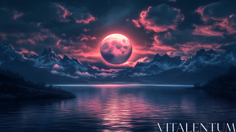 Crimson moon rises over tranquil neon-lit mountain lake.