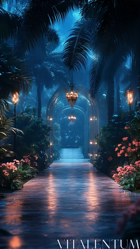 Moonlit rain-drenched jungle walkway with glowing chandeliers.
