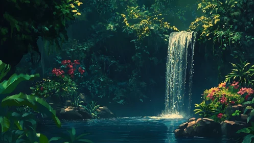 Hidden jungle waterfall hums softly over jewel bright flowers