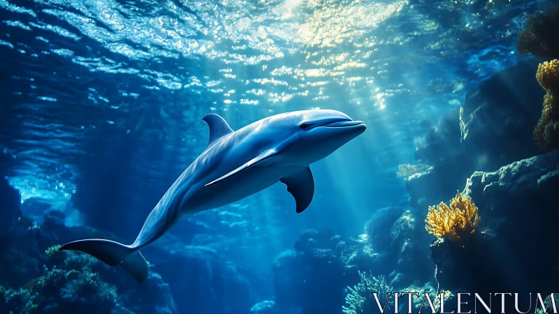 Sunlit dolphin drifts through sapphire cathedral seas.