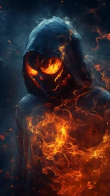 Volumetric-lit fiery skull wraith dissolving a hooded torso in embers