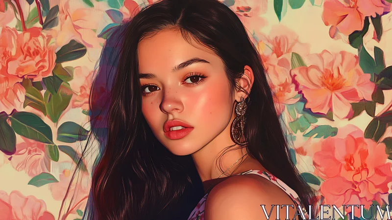 Portrait captures young woman against bold floral backdrop