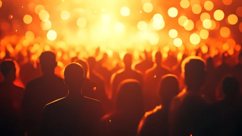 Silhouetted crowd bathing in molten-gold concert glow.