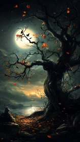 Twisted moonlit tree guards autumn shore under crows.