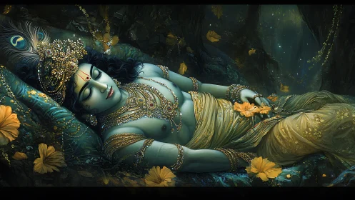 Divine blue-hued deity resting in jeweled forest nocturne