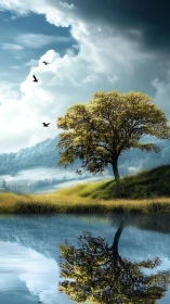 Solitary lakeside tree mirrored on calm reflective water.