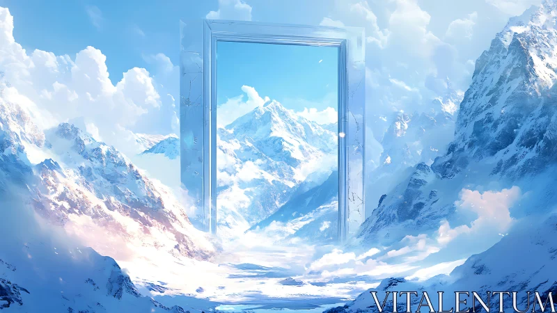 Framed portal structure within expansive snowy mountainscape.