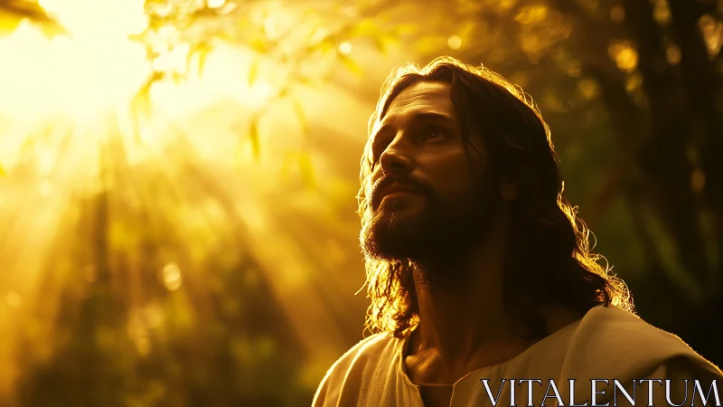Man in golden forest light gazes upward in contemplation.