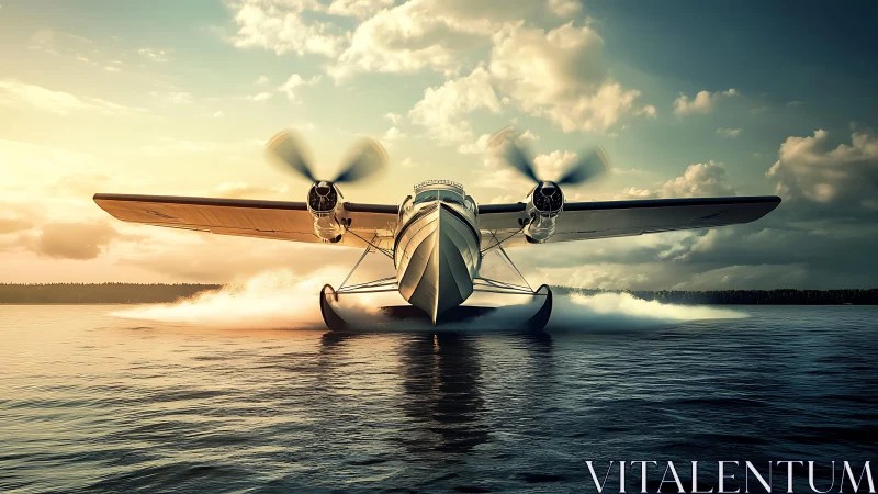 Twin‑engine floatplane planing on lake at golden hour light