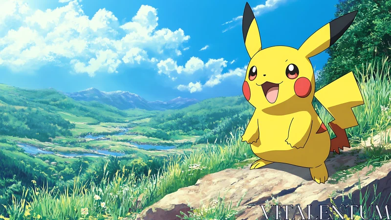 Electric mascot character on sunlit trail above verdant valley