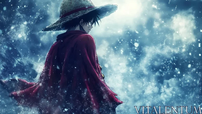 Straw hat anime sailor stands in stormy blue seascape.