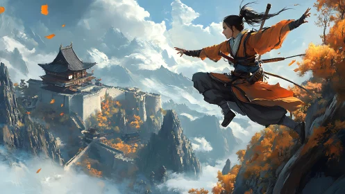 Warrior leaps toward a misty mountain temple in autumn air