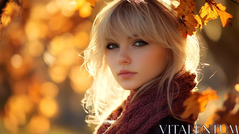 Autumn portrait of blonde woman in golden backlight bokeh.