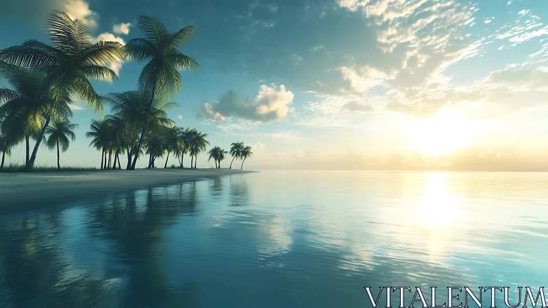 Tropical Lagoon at Golden Hour: Palm-Lined Coastal Seascape with Serene Water Reflections