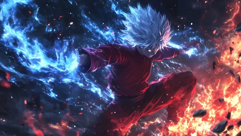 White-haired warrior unleashes blue and red elemental energy